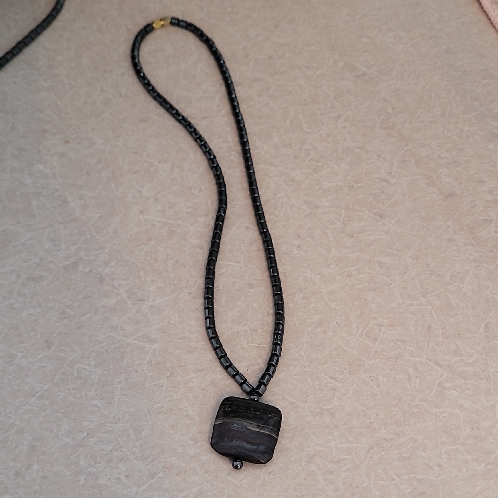 Black Beaded Necklace with Square Pendant